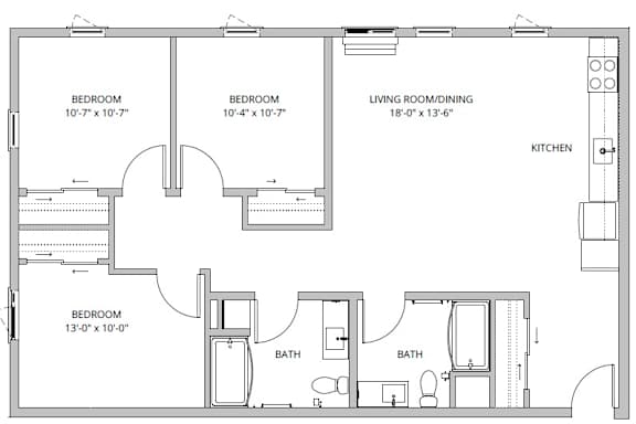 Floor Plan  A floor plan of a small apartment with three bedrooms and a living room/dining area.