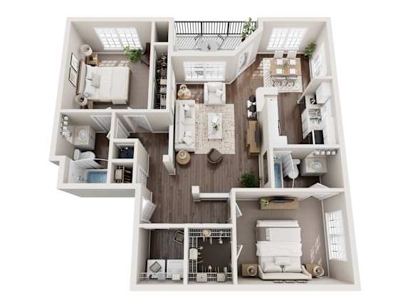 Floor Plan  A floor plan of a house with a living room, dining room, kitchen, two bedrooms, a bathroom, and a foyer.