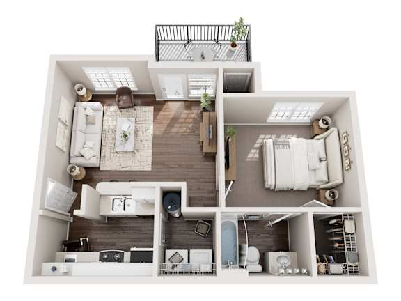 Floor Plan  A floor plan of a house with a kitchen, living room, bedroom, bathroom, and storage space.