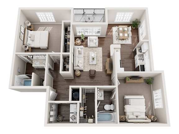 Floor Plan  A floor plan of an apartment with a living room, dining room, kitchen, two bedrooms, a bathroom, and a foyer.