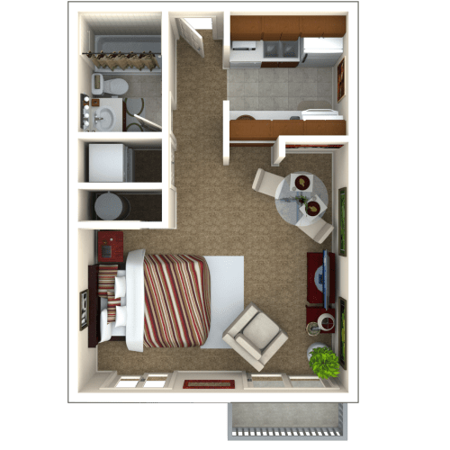 Floor Plan  a 3d rendering of a bedroom floor plan with a living room and dining room