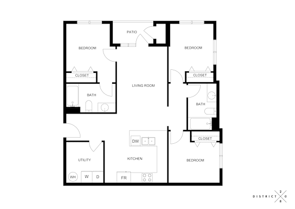 Floor Plan  A black and white image of a house floor plan with a kitchen, living room, and two bedrooms.