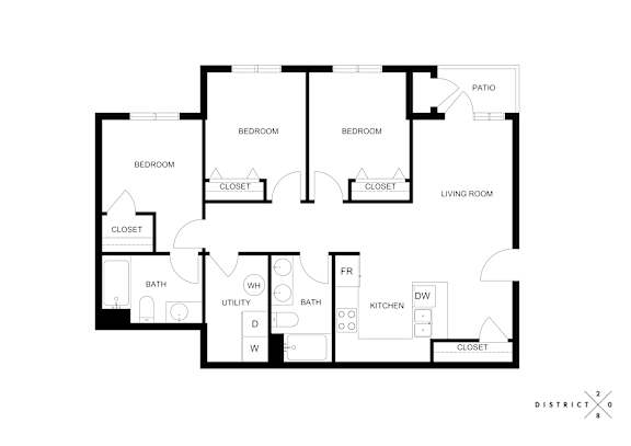 Floor Plan  A black and white floor plan of a house with three bedrooms, a living room, a kitchen, a bathroom, a utility room, and a laundry area.