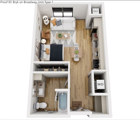 Floor Plan  A floor plan of a one bedroom apartment with a kitchen, living room and bathroom.