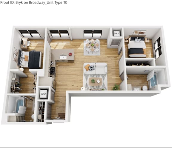 Floor Plan  A 3D floor plan of a home with a kitchen, living room, and bedrooms.