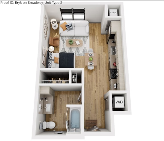 Floor Plan  A floor plan of a small apartment with a kitchen, living room, and bathroom.
