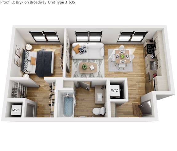 Floor Plan  A floor plan of a small apartment with a kitchen, living room, and bathroom.