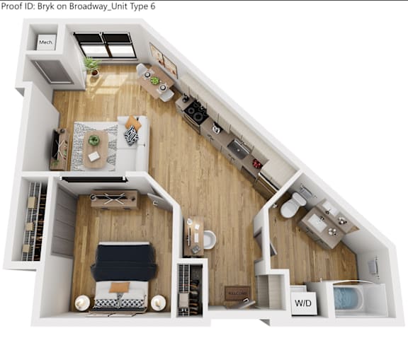 Floor Plan  A floor plan of a small apartment with a kitchen, living room, and bathroom.