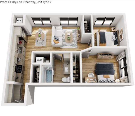Floor Plan  A floor plan of a studio apartment with a kitchen, living room, and bedroom.