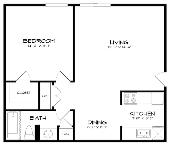 Floor Plan  A black and white image of a floor plan for a small apartment.