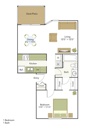 Floor Plan  WaterView One Bedroom, One Bath