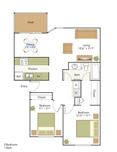 Floor Plan  WaterView Two Bedroom, One Bath