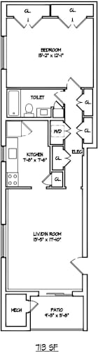 Floor Plan  1 Bed, 1 Bath, 713 SF