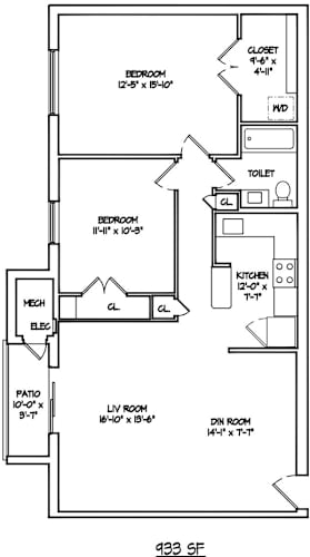 Floor Plan  2 Bed, 1 Bath, 933 SF