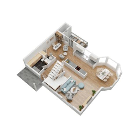 Floor Plan  A 3D floor plan of a house with a kitchen, living room, dining room, and bathroom.
