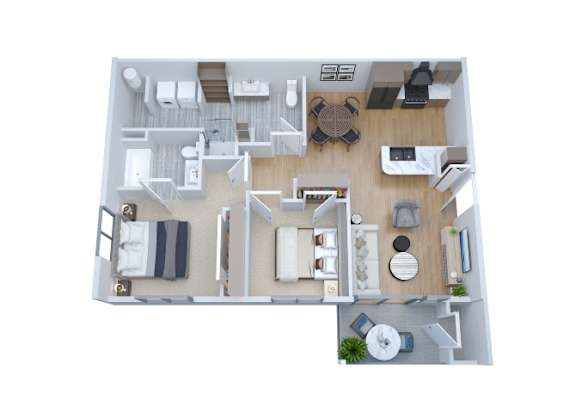 Floor Plan  A floor plan of a house with a kitchen, living room, and two bedrooms.