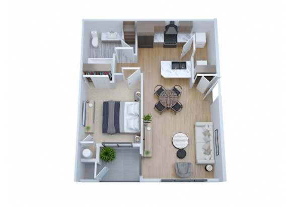 Floor Plan  A top-down view of a small, neatly organized apartment with a living area, kitchen, and bedroom.