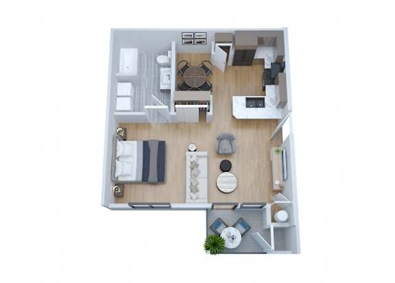 Floor Plan  A top-down view of a small apartment with a kitchen, living room, and bathroom.