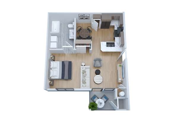 Floor Plan  A top-down view of a small apartment with a kitchen, living room, and bathroom.