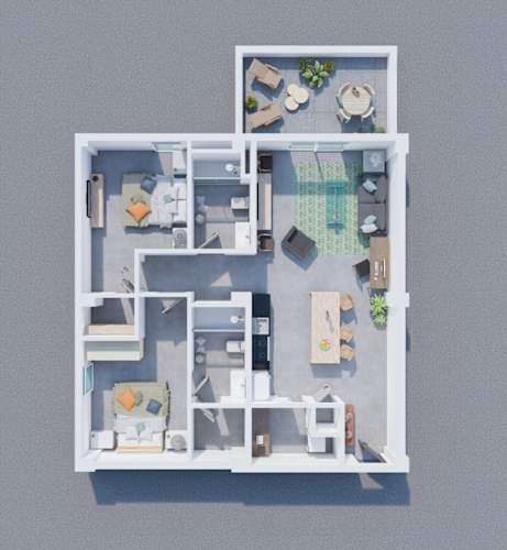 Floor Plan  A 3D floor plan of a house with a kitchen, living room, and bathroom.