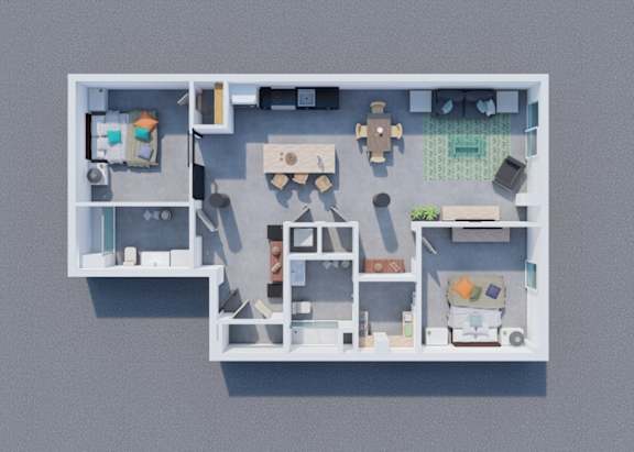 Floor Plan  A top-down view of a small apartment with a kitchen, living room, and bedroom.