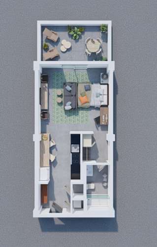 Floor Plan  A top-down view of a small apartment with a living room, kitchen, and bedroom.