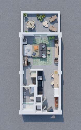 Floor Plan  A top-down view of a small apartment with a living room, kitchen, and bedroom.