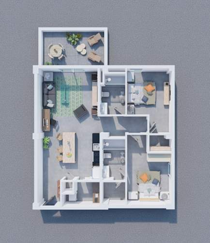 Floor Plan  A 3D floor plan of a house with a kitchen, living room, and bedrooms.