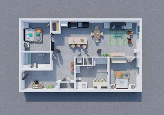 Floor Plan  A top-down view of a house layout with various rooms and furniture.