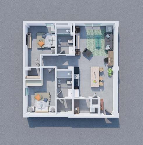 Floor Plan  A top-down view of a small apartment with a kitchen, living room, and bedroom.