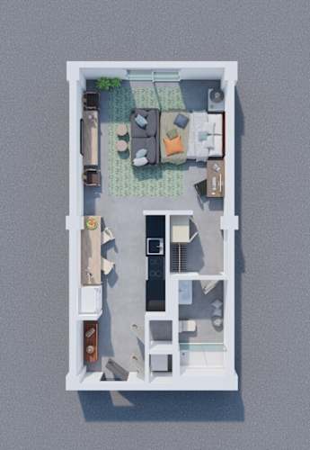 Floor Plan  A top-down view of a small apartment with a living room, kitchen, and bathroom.