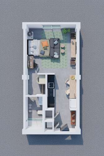 Floor Plan  A top-down view of a small apartment layout with a kitchen, living room, and bathroom.
