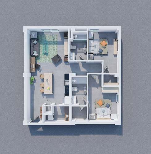 Floor Plan  A top-down view of a small apartment with a kitchen, living room, and bathroom.