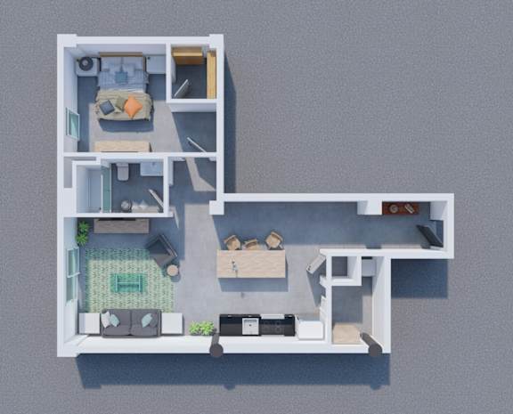 Floor Plan  A 3D floor plan of a small apartment with two bedrooms and a living area.
