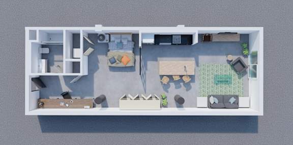 Floor Plan  A top-down view of a small apartment layout with a kitchen, living room, and bedroom.