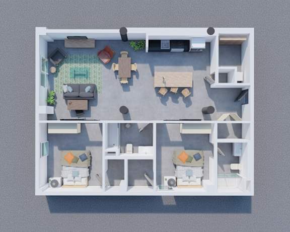 Floor Plan  A top-down view of a living room with a couch, coffee table, and television.