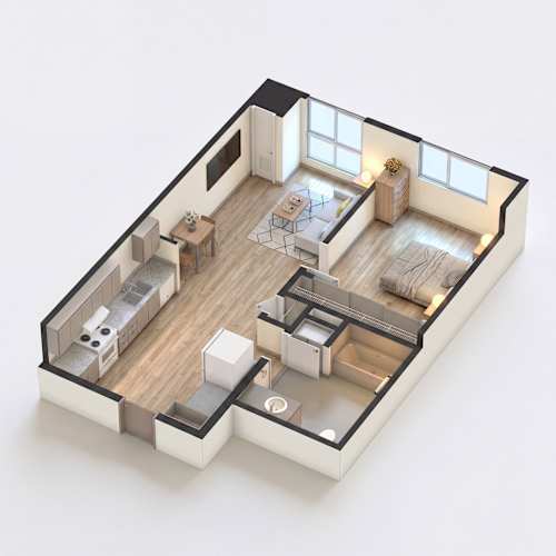 Floor Plan  A 3D floor plan of a house with a kitchen, living room, and bathroom.