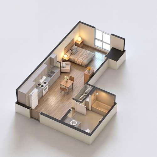 Floor Plan  A 3D rendered image of a small apartment layout.
