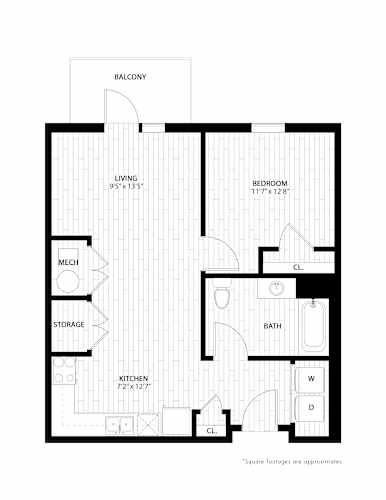 Floor Plan  A black and white image of a floor plan for a balcony, living room, kitchen, bathroom, and bedroom.