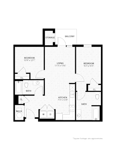 Floor Plan  A black and white image of a floor plan for a house with a balcony, two bathrooms, a kitchen, a living room, and two bedrooms.