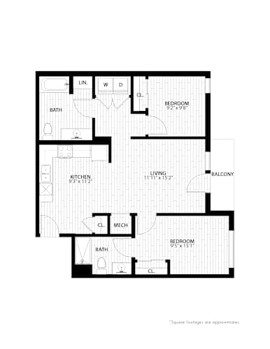Floor Plan  2 bed 2 bath floorplan, 859-981 sq. ft. at Union at Rivers Edge, Des Moines, IA