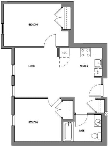 Floor Plan  A black and white image of a floor plan for a small apartment.