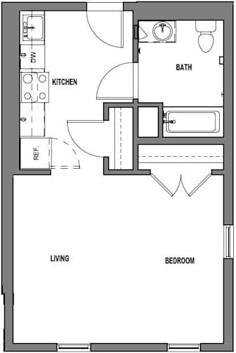 Floor Plan  A floor plan of a small apartment with a living room, bedroom, kitchen, and bathroom.