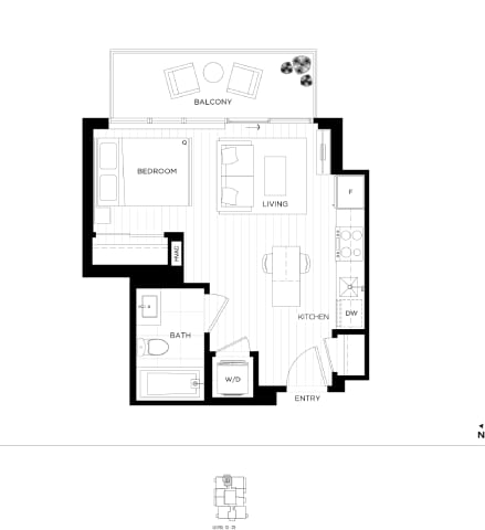 Floor Plan  A black and white floor plan of a house with a balcony, bedroom, living room, kitchen, bathroom, and entry.
