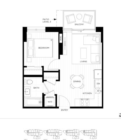 Floor Plan  A black and white floor plan of a house with a patio and balcony.