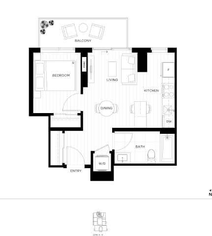 Floor Plan  A black and white floor plan of an apartment with a balcony.