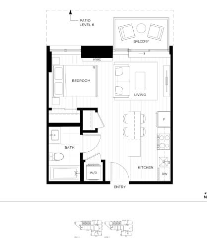 Floor Plan  A black and white floor plan of a house with a balcony, bedroom, bath, living room, kitchen, and entry.
