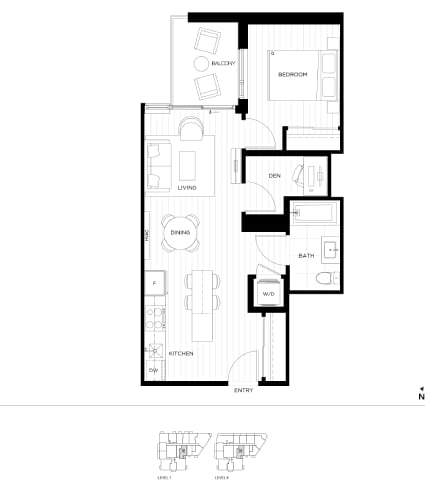 Floor Plan  A black and white floor plan of a house with a living room, dining room, kitchen, and bathroom.