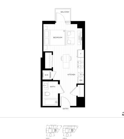 Floor Plan  A floor plan of a house with a bedroom, bathroom, kitchen, and living room.