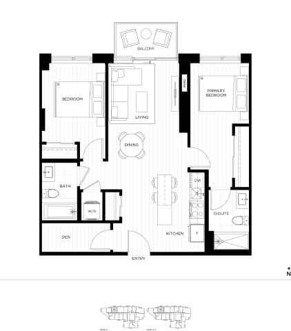 Floor Plan  A black and white image of a floor plan for a two bedroom apartment.